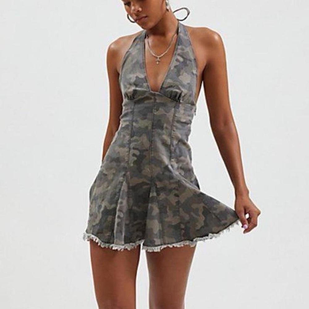 Urban Outfitters Kimchi Blue Hailey Halter Denim Dress in Camo